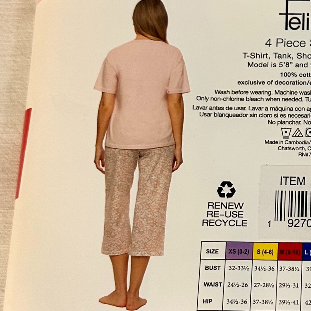 Felina Women's 4 Piece 100% Cotton Sleep Pajama Set, Tee Tank Short Capri Pant - Picture 6 of 9